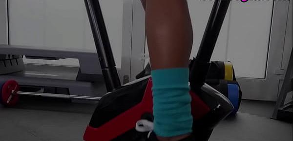  Busty black gym les riding dildo after workout